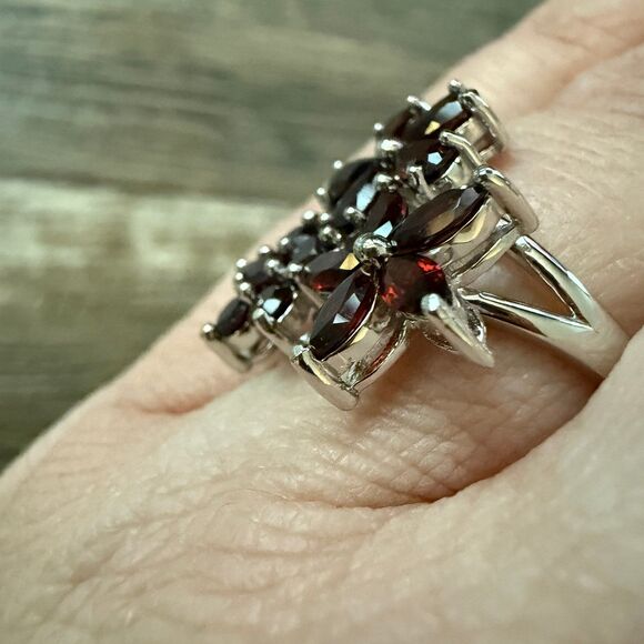 Natural Garnet Sterling Silver Flower Cluster Ring - Picture 6 of 9